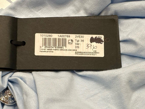 Versace Women's White Print Pastel Blue Jersey T-Shirt 2 (36 Euro) 1010260 NWT