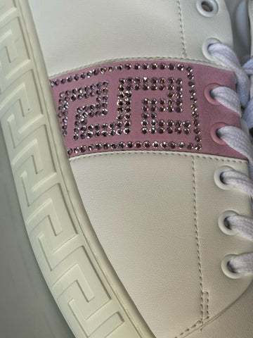 Versace Crystal Greek Women’s White/Pink Leather Sneakers 10 US (40) 1013568 NIB