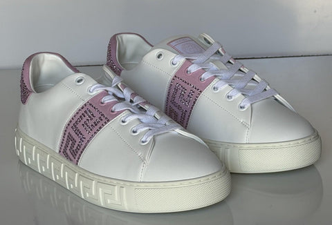 Versace Crystal Greek Women’s White/Pink Leather Sneakers 10.5 US 1013568 NIB