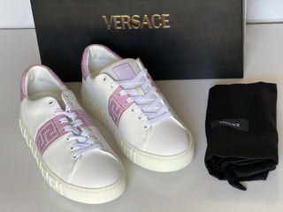 Versace Crystal Greek Women’s White/Pink Leather Sneakers 10.5 US 1013568 NIB