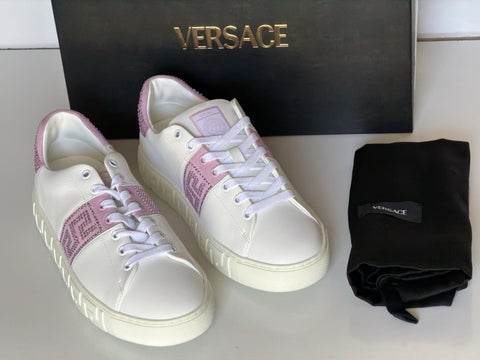 Versace Crystal Greek Women’s White/Pink Leather Sneakers 10.5 US 1013568 NIB