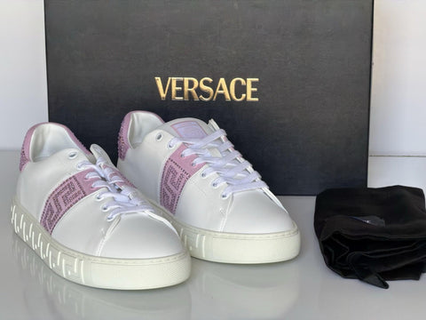 Versace Crystal Greek Women’s White/Pink Leather Sneakers 10.5 US 1013568 NIB
