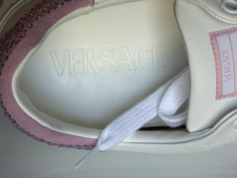 Versace Crystal Greek Women’s White/Pink Leather Sneakers 10.5 US 1013568 NIB