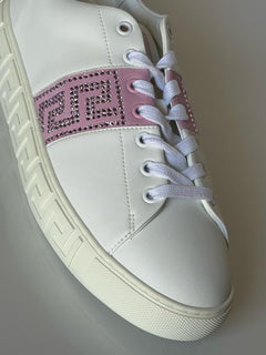 Versace Crystal Greek Women’s White/Pink Leather Sneakers 10.5 US 1013568 NIB