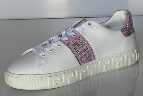 Versace Crystal Greek Women’s White/Pink Leather Sneakers 10.5 US 1013568 NIB