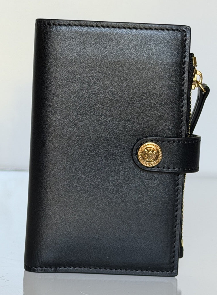 Versace Medusa Head Black Calf Leather Compact Card Wallet 1002897 Italy NWT