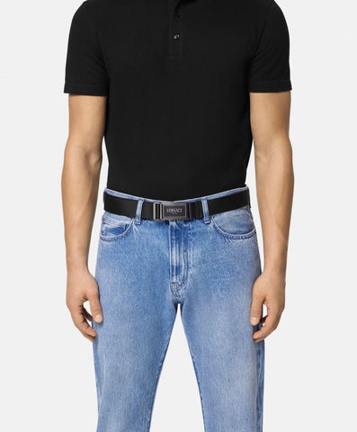 Versace Milano Buckle Ribbon/Leather Black Adjustable Belt 1016469 NWT $450