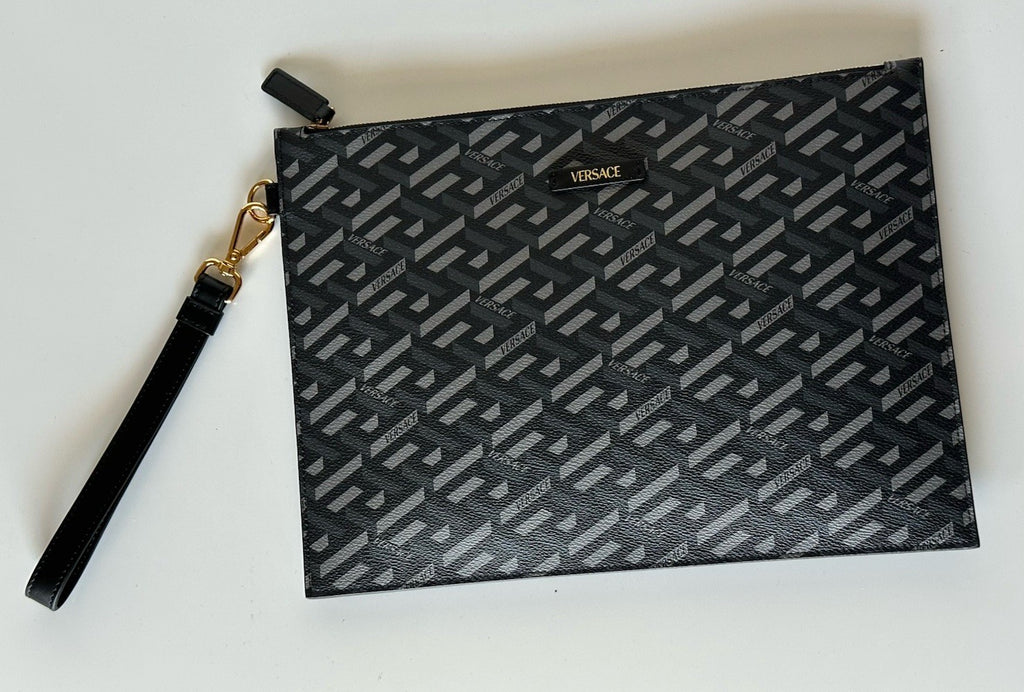 Versace Greca Coated Canvas Large Pouch Clutch Black/Gray 1010525 IT NWT