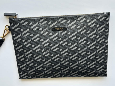 Versace Greca Coated Canvas Large Pouch Clutch Black/Gray 1010525 IT NWT