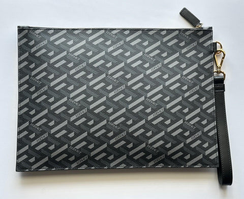 Versace Greca Coated Canvas Large Pouch Clutch Black/Gray 1010525 IT NWT