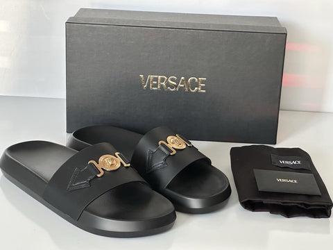 Versace Medusa Black Leather Slides Sandals 14 US (47 Euro) 1010628 NIB $490