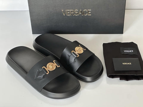Versace Medusa Black Leather Slides Sandals 14 US (47 Euro) 1010628 NIB $490