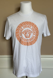 Versace Medusa/Greca Print White/Orange Cotton Jersey T-Shirt L 1011861 NWT