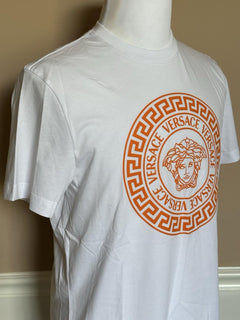 Versace Medusa/Greca Print White/Orange Cotton Jersey T-Shirt 2XL 1011861 NWT