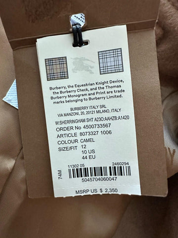 Burberry Sherringham Women's Wool/Cashmere Camel Jacket 10 US 8073327 NWT $2350
