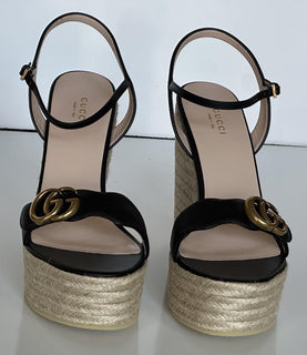 Gucci Women's Leather GG Wedge Black Sandals 11.5 US (41.5 Euro) IT 646386 NIB