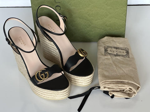 Gucci Women's Leather GG Wedge Black Sandals 11.5 US (41.5 Euro) IT 646386 NIB