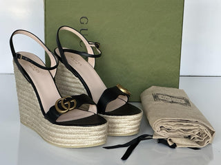 Gucci Women's Leather GG Wedge Black Sandals 11.5 US (41.5 Euro) IT 646386 NIB