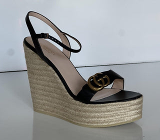 Gucci Women's Leather GG Wedge Black Sandals 11.5 US (41.5 Euro) IT 646386 NIB