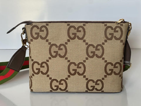 Gucci Jumbo GG Canvas/Leather Shoulder Crossbody Bag Camel Italy 699130 NWT