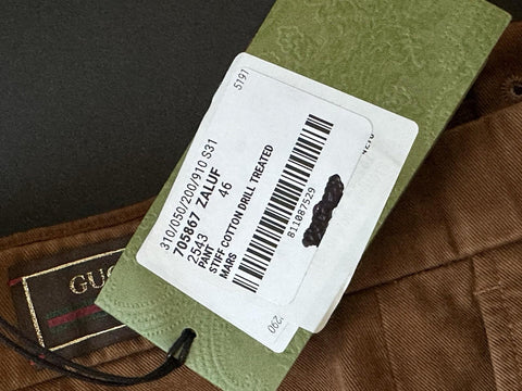 Gucci Men’s Stiff Cotton Drill Treated Pants Brown 30 US (46 Euro) IT 705867 NWT