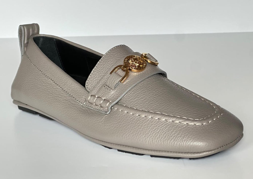 Versace Gold Medusa Men's Gray Leather Driver Shoes 8 US (41 Euro) 1017072 NIB