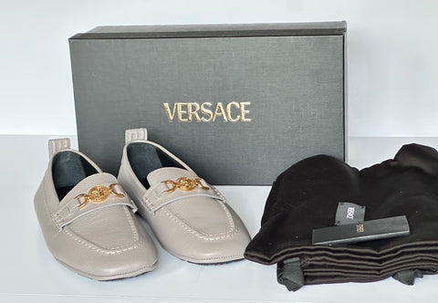 Versace Gold Medusa Men's Gray Leather Driver Shoes 8 US (41 Euro) 1017072 NIB