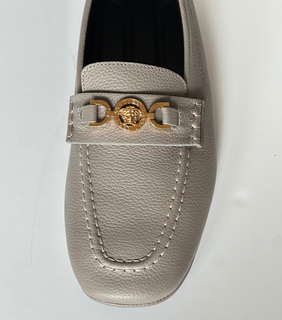 Versace Gold Medusa Men's Gray Leather Driver Shoes 8 US (41 Euro) 1017072 NIB