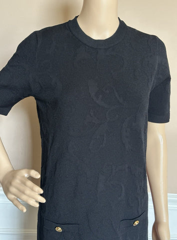 Versace Barocco All Over Print Knit Stretch Black Dress 42 Euro 1008137 NWT
