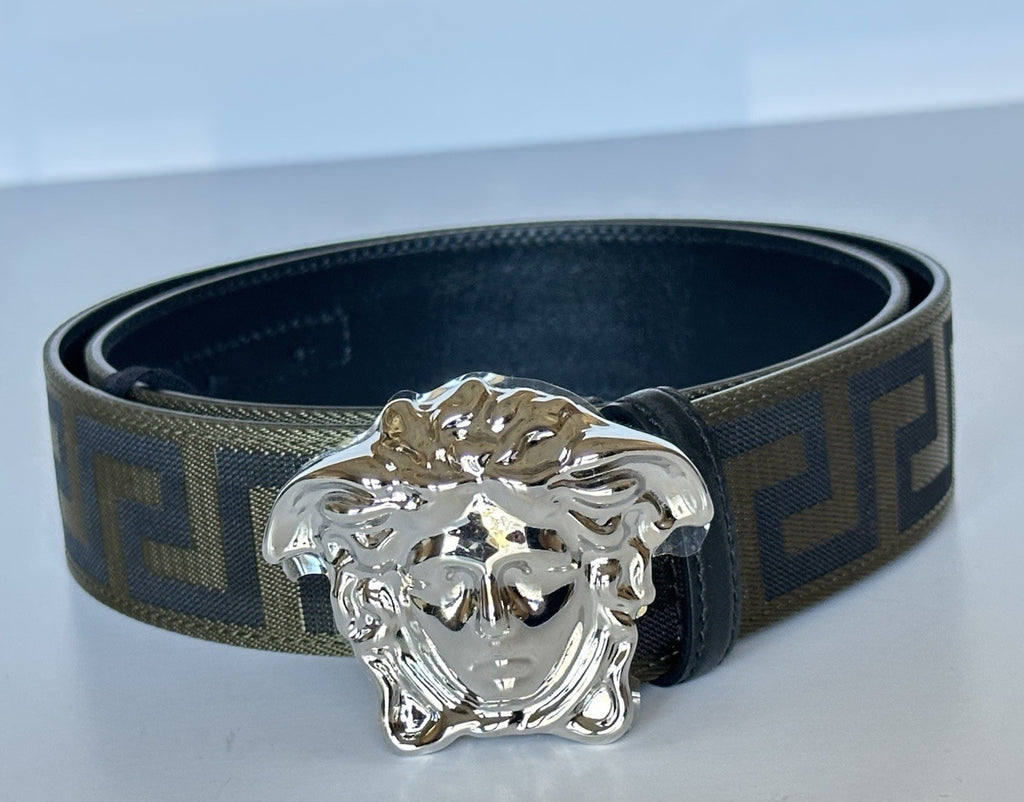 Versace Medusa-Buckle Greca Calf Leather Green/Black Belt 85 (34) 1021764 NWT