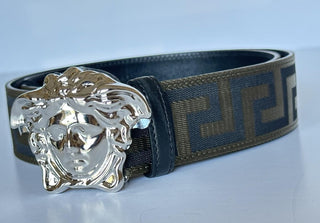 Versace Medusa-Buckle Greca Calf Leather Green/Black Belt 85 (34) 1021764 NWT