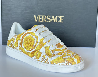 Versace Baroco Men's White/Gold Leather Sneakers 9 US (42 Euro) 1016936 NIB