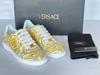 Versace Baroco Men's White/Gold Leather Sneakers 9 US (42 Euro) 1016936 NIB