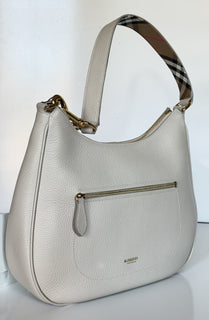 Burberry Hobo Leather Shoulder Bag Check Strap Limestone 81046801 IT NWT $1650