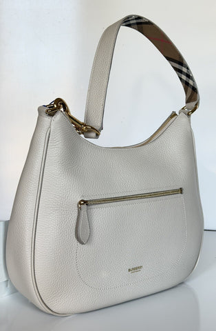 Burberry Hobo Leather Shoulder Bag Check Strap Limestone 81046801 IT NWT $1650