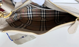 Burberry Hobo Leather Shoulder Bag Check Strap Limestone 81046801 IT NWT $1650