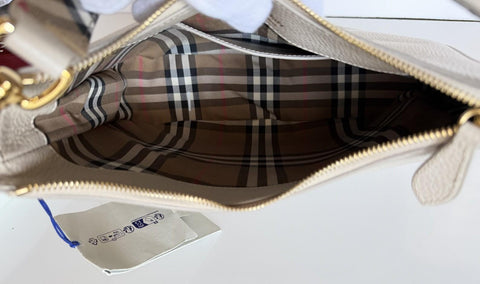 Burberry Hobo Leather Shoulder Bag Check Strap Limestone 81046801 IT NWT $1650