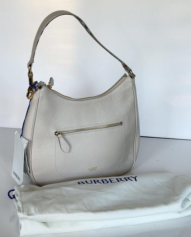 Burberry Hobo Leather Shoulder Bag Check Strap Limestone 81046801 IT NWT $1650
