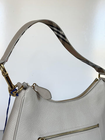 Burberry Hobo Leather Shoulder Bag Check Strap Limestone 81046801 IT NWT $1650