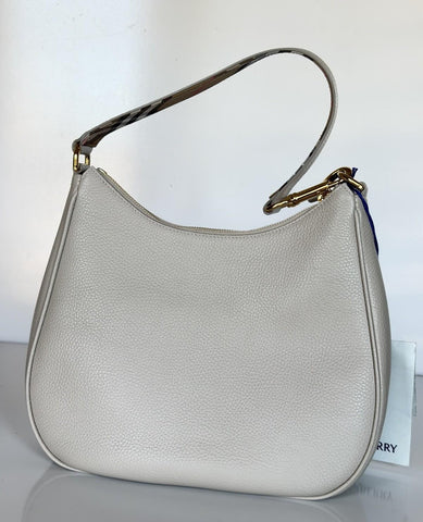 Burberry Hobo Leather Shoulder Bag Check Strap Limestone 81046801 IT NWT $1650