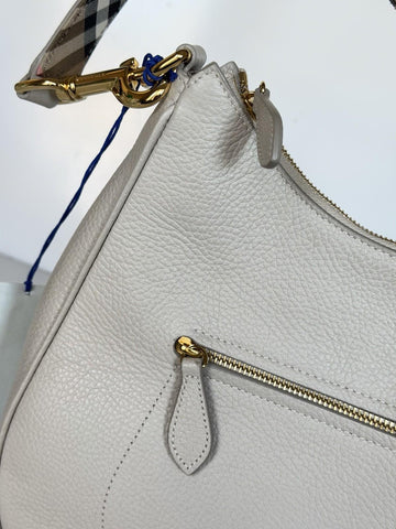 Burberry Hobo Leather Shoulder Bag Check Strap Limestone 81046801 IT NWT $1650