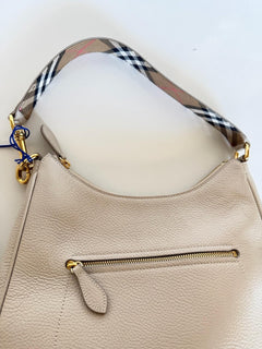 Burberry Hobo Leather Shoulder Bag Check Strap Limestone 81046801 IT NWT $1650