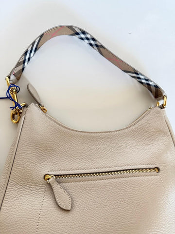 Burberry Hobo Leather Shoulder Bag Check Strap Limestone 81046801 IT NWT $1650