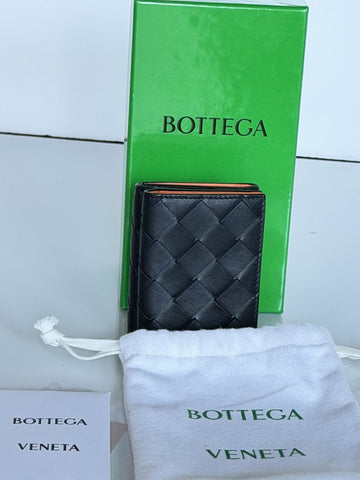 Bottega Veneta Tiny Tri-fold  Black/Papaya Wallet Leather 667036 NWT $690