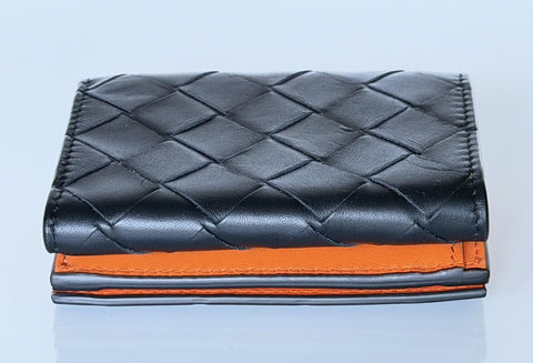 Bottega Veneta Tiny Tri-fold  Black/Papaya Wallet Leather 667036 NWT $690