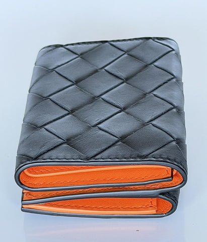 Bottega Veneta Tiny Tri-fold  Black/Papaya Wallet Leather 667036 NWT $690