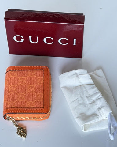 Gucci GG Print Bright Orange Zip Around Leather/Canvas Card Case Wallet IT NIB