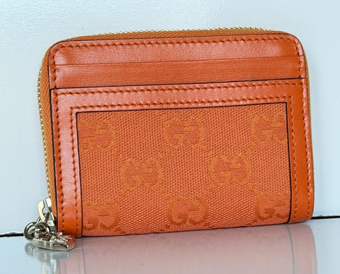 Gucci GG Print Bright Orange Zip Around Leather/Canvas Card Case Wallet IT NIB