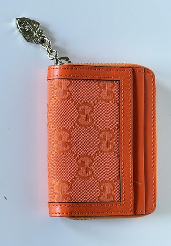 Gucci GG Print Bright Orange Zip Around Leather/Canvas Card Case Wallet IT NIB