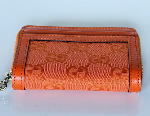 Gucci GG Print Bright Orange Zip Around Leather/Canvas Card Case Wallet IT NIB